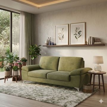 Canapea fixă Lora 2L, diverse culori - 186x105 cm, tetiere rabatabile, cadru lemn masiv și arcuri sinusoidale