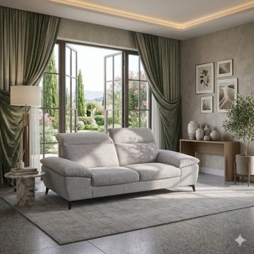 Canapea fixă Lora 3L, culoare personalizabila - 213x105 cm, tetiere rabatabile, cadru lemn esență tare și PAL, arcuri sinusoidale și poliuretan, picioare metalice H 12,3 cm