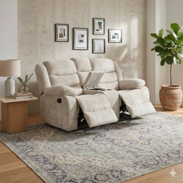 Canapea recliner Relax 2 locuri gri, catifea, suport picioare, pahare și spațiu depozitare, design ergonomic