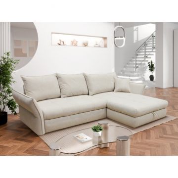 Colțar Acero, extensibil cu ladă depozitare și 4 perne incluse, structură lemn masiv și PAL, stofă premium, 275x174x89 cm, bej