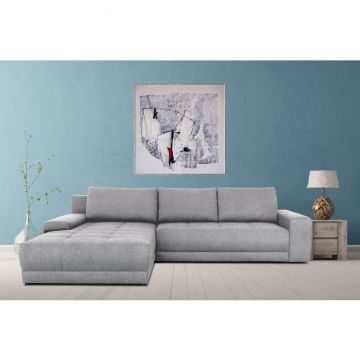 Colțar Adria extensibil, cu ladă de depozitare, tapițat cu stofă, 310x210 cm, gri / maro