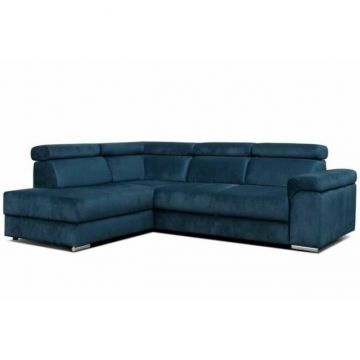 Colțar Carlo L, extensibil cu ladă de depozitare și tetiere reglabile, structură lemn masiv și PAL, 268x206x83 cm, albastru