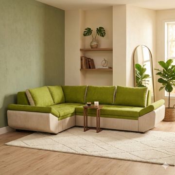 Colțar Elixir extensibil, culoare personalizabila - 258x188 cm, suprafata de dormit 130x200 cm, cusături ornamentale, ladă depozitare