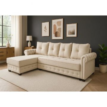 Colțar Erika, extensibil cu ladă depozitare, structură lemn + PAL, arcuri bonell, tapițerie catifea baby face 310x195x85 cm, Culoare personalizabilă