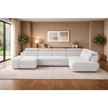 Colțar Extensibil Cloud U, 379x227 cm, cu Ladă Depozitare, Funcție Sertar și Tetiere Rabatabile, Diverse Culori