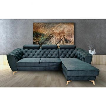 Colțar extensibil Lotus, tetiere reglabile și ladă integrată, funcție de dormit și confort sporit, structură din fag masiv, 274x196 cm, culoare personalizabilă