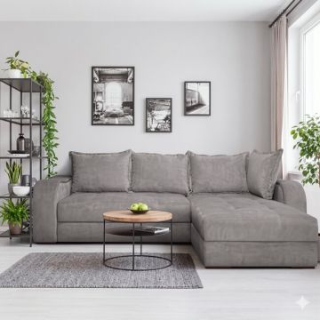 Colțar extensibil Monza, 2 locuri, ladă depozitare, structură lemn masiv + PAL, saltea relaxa, 290x185x110 cm, personalizabil