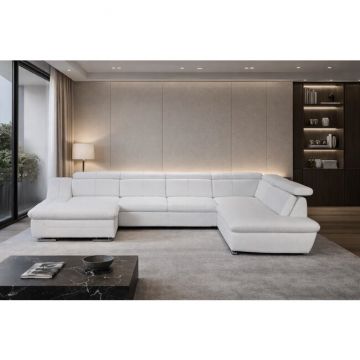 Colțar Helios U extensibil, spațiu generos, tetiere și brațe rabatabile, 381x250x177 cm, culoare personalizată