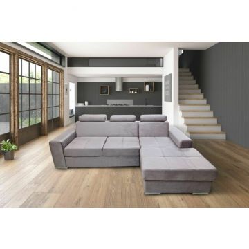 Colțar Leone extensibil, tetieră reglabilă, ladă depozitare, suprafață dormit 130x200 cm, 248x165 cm, gri