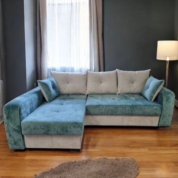 Colțar Lima Tip 1 extensibil cu ladă de depozitare, structură din fag și saltea din spumă, 240x165 cm, culoare personalizabilă