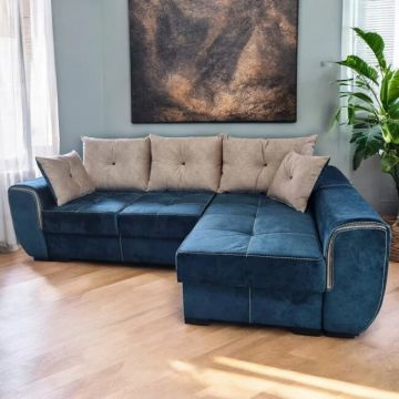 Colțar Milano Tip 1 extensibil, cu ladă de depozitare, tapițerie stofă rezistentă, saltea poliuretanică, structură fag, 260x160 cm