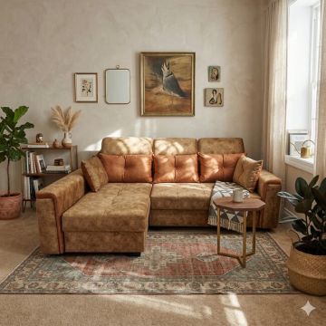 Colțar Paris Tip 1 extensibil, culoare personalizabila - 240x165 cm, cu ladă de depozitare, saltea memory foam și micro pocket, structură din fag