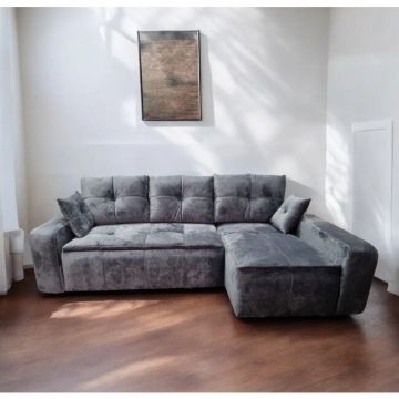 Colțar Roma Tip 1 extensibil, ladă depozitare, stofă premium, 257x166 cm, Gri