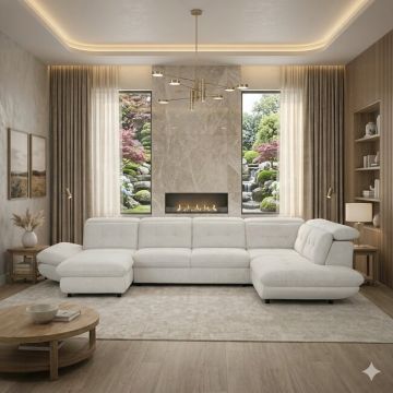 Colțar Strategos U extensibil, culoare personalizabila - 397x234x181 cm, tetiere rabatabile, ladă depozitare, arcuri sinusoidale