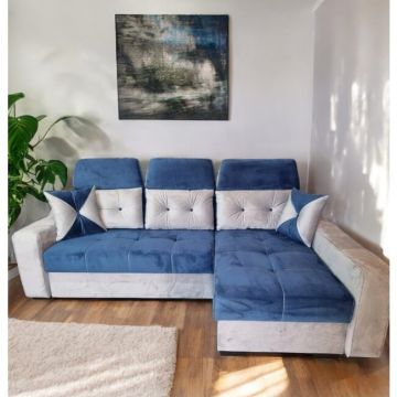 Colțar Viena Tip 1 extensibil, tetieră reglabilă, ladă depozitare, 264x168 cm, Gri