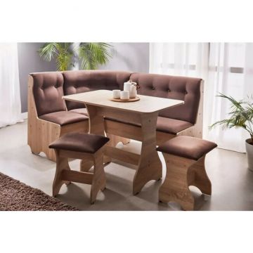 Mobilier colț Cleo 2, cu spațiu de depozitare, PAL tapițat cu stofă, 2 tabureți și masă inclusă, culori disponibile alb, bardolino, gri