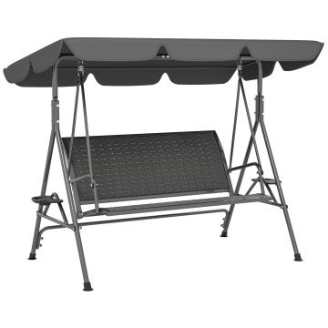 Outsunny Leagăn de Grădină 3 Locuri din Ratan PE cu Acoperiș Reglabil și Suporturi pentru Pahare, Leagăn de Exterior cu Cadru din Oțel, Capacitate 320 kg, 204x112x150 cm, Gri | Aosom Romania