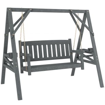 Outsunny Leagăn de grădină pentru 2 persoane, bancă-leagăn din lemn cu polițe, suport pentru băuturi și lanțuri metalice, Gri | Aosom Romania