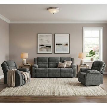 Set canapea recliner Relax 3+1+1, canapea și două fotolii cu funcție de relaxare, tapițerie catifelată, gri