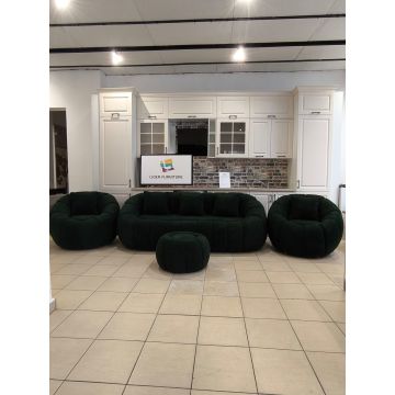 set Cloud Chic – canapea +2 fotolii +taburet din stofă bouclé verde inchis