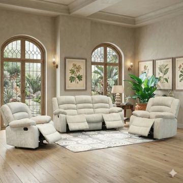 Set recliner Relax 3+1+1, canapea și două fotolii cu funcție de relaxare, tapițerie catifelată, bej