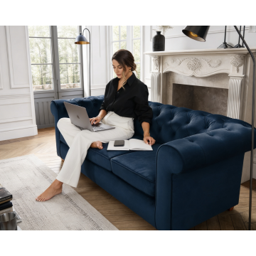 Canapea Extensibila Oxford Chesterfield, 3 locuri, textil, albastru inchis