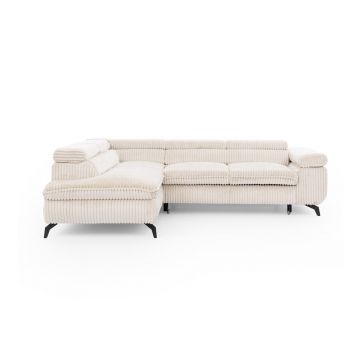 Colțar crem cu tapițerie din catifea reiată (cu colț pe partea stângă/în formă de ”L”) Marbeya – Ropez