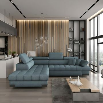 Coltar extensibil SELVA L, sezlong stanga, stofa catifelata verde menta - Salvador 12, cu lada depozitare si tetiere reglabile, 263x223x95 cm - Default Title