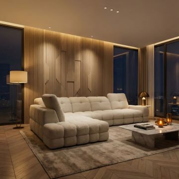 Coltar extensibil TOLLO L, sezlong stanga, stofa catifelata crem deschis - Shanghai 01, cu lada depozitare si reglaj electric, 302x217x105 cm - Default Title