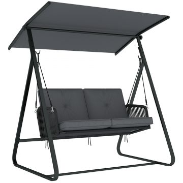 Outsunny Balansoar de grădină pentru 2 persoane din rășină împletită, leagăn exterior cu acoperiș reglabil și pernă groasă, gri | Aosom Romania