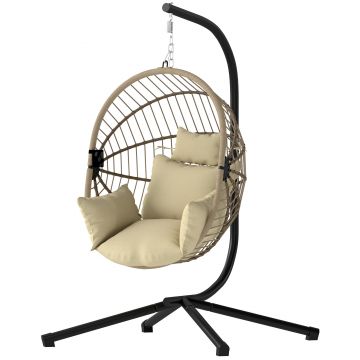 Outsunny Fotoliu tip ou suspendat, Scaun hamac/leagăn interior și exterior, Coș pliabil, Pernă căptușită, Kaki | Aosom Romania