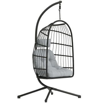 Outsunny Scaun Suspendat Tip Ou, Leagăn pentru Exterior cu Suport și Centură de Siguranță, Negru/Gri Deschis | Aosom Romania