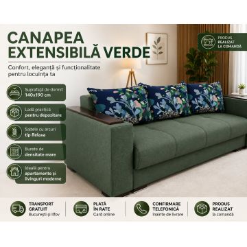 Canapea Extensibila Verde pentru Living cu Lada de Depozitare si Pat 140x190 cm