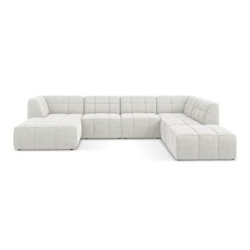 Colțar alb cu tapițerie din țesătură bouclé (în formă de 