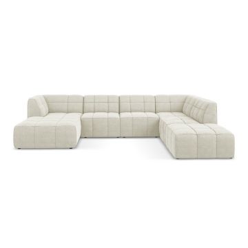 Colțar bej cu tapițerie din țesătură bouclé (în formă de 