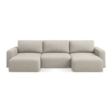 Colțar bej extensibil/cu spațiu de depozitare cu tapițerie din catifea reiată (în formă de 