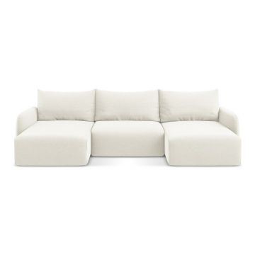 Colțar crem extensibil/cu spațiu de depozitare cu tapițerie din catifea (în formă de 