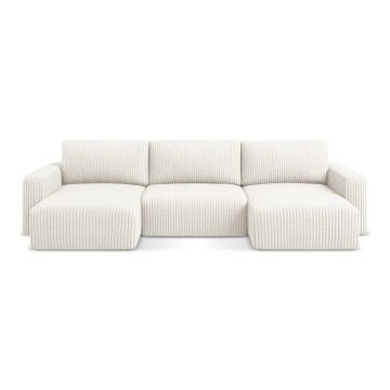 Colțar crem extensibil/cu spațiu de depozitare cu tapițerie din catifea reiată (în formă de 