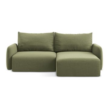 Colțar verde extensibil/cu spațiu de depozitare cu tapițerie din catifea (cu colț pe partea dreaptă/cu șezlong) Kalena – Makamii