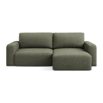 Colțar verde extensibil/cu spațiu de depozitare cu tapițerie din catifea reiată (cu colț pe partea dreaptă/cu șezlong) Kona – Makamii