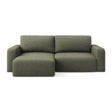 Colțar verde extensibil/cu spațiu de depozitare cu tapițerie din catifea reiată (cu colț pe partea stângă/cu șezlong) Kona – Makamii