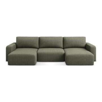 Colțar verde extensibil/cu spațiu de depozitare cu tapițerie din catifea reiată (în formă de 