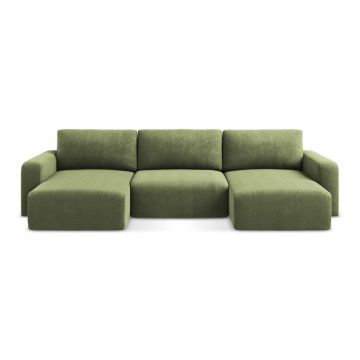 Colțar verde extensibil/cu spațiu de depozitare cu tapițerie din chenille (în formă de 