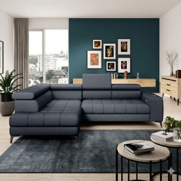 Coltar BAGGIO - 280x196x100 cm, materiale prsonalizabile sezlong stanga, cu reglaj electric, incarcator wireless, lada depozitare si tetiere reglabile