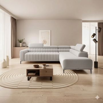 Coltar extensibil GANDI 140, 281X204X99 cm, sezlong dreapta, stofa catifelata crem gama Premium, cu lada depozitare si tetiere reglabile