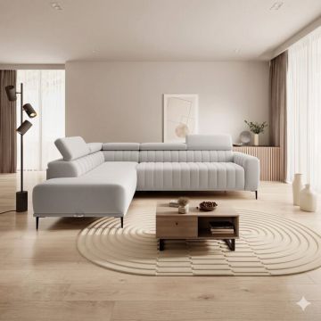 Coltar extensibil GANDI 160, 301X204X99 cm, sezlong stanga, stofa catifelata gama Premium, cu lada depozitare si tetiere reglabile