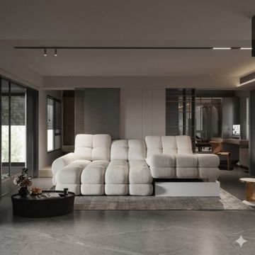 Coltar extensibil TOLLO MINI, 283X171X105 cm, sezlong dreapta, stofa catifelata, cu lada depozitare si reglaj electric