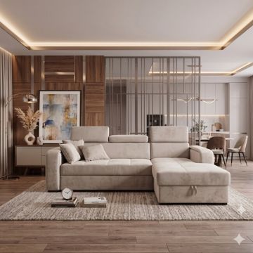 Coltar Tessa 2 locuri, extensibil - 266x165 cm, suprafata de dormit - 125x200 cm, culoare personalizabila