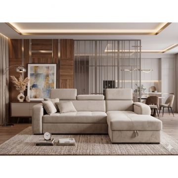 Coltar Tessa 2 locuri, extensibil - 266x165 cm, suprafata de dormit - 125x200 cm, culoare personalizabila