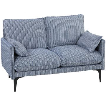 HOMCOM Canapea 2 locuri din material respirabil cu perne groase, 2 perne, cotiere, pentru living, Albastru | Aosom Romania